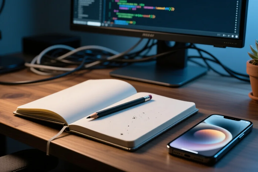 A small desk with a store page mockup and a notebook of post ideas