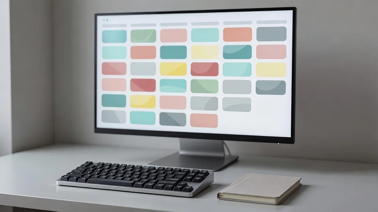 A kanban board on a monitor with columns of task cards, next to a notebook and a mechanical keyboard