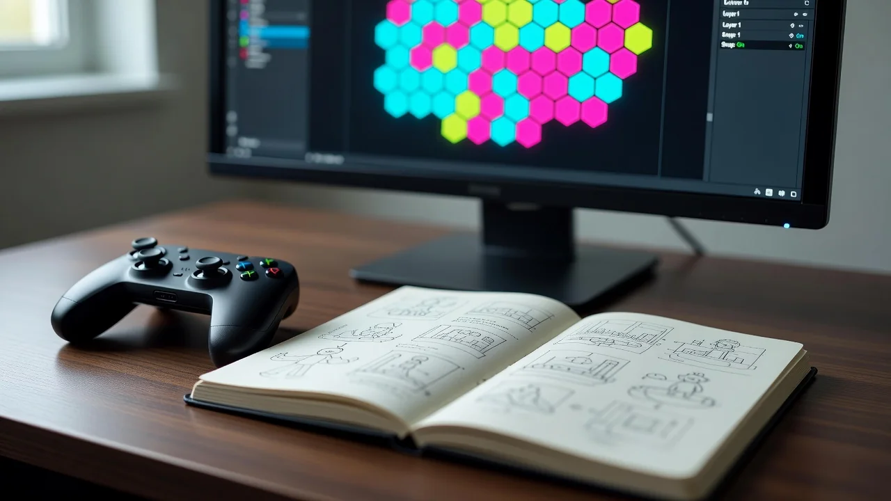 A game developer desk with a monitor showing a level editor, a gamepad and a notebook with wireframe sketches