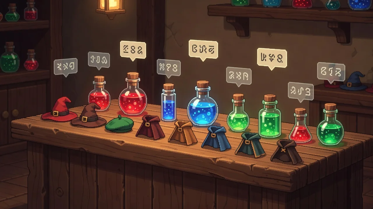 A cozy pixel-art in-game shop interface showing cosmetic hats and capes with clear price tags