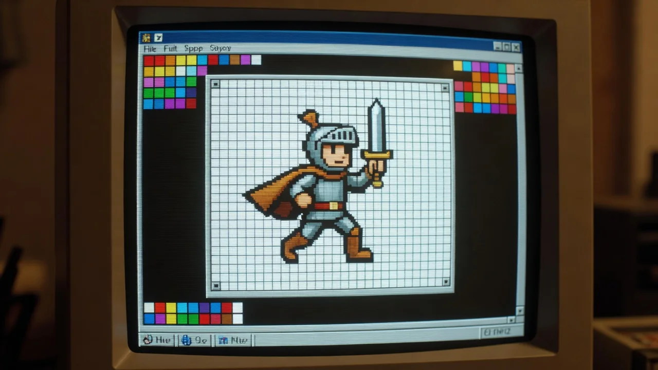 A pixel-art sprite editor on a monitor: a small knight character shown in an animation frame grid