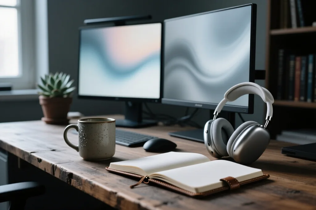 A desk with an open editor and documentation on a screen beside a notebook of handwritten notes
