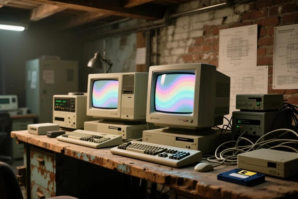 A folder of archived game projects beside an old editor window open on a second screen