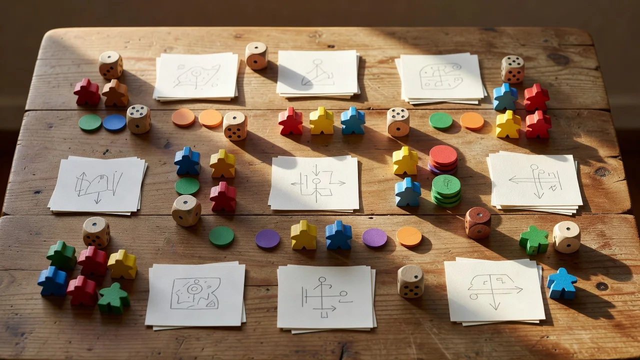 A paper game prototype: hand-drawn cards, dice and tokens spread across a wooden table