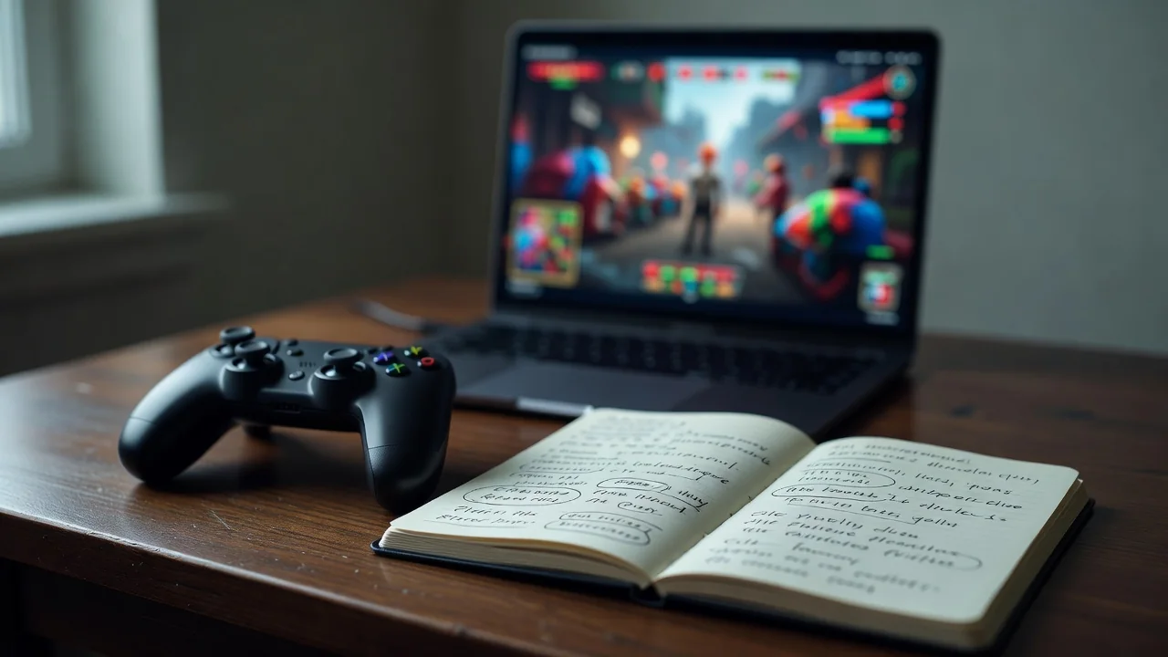 A playtesting station: a gamepad on a desk next to a notebook with handwritten observation notes and a laptop