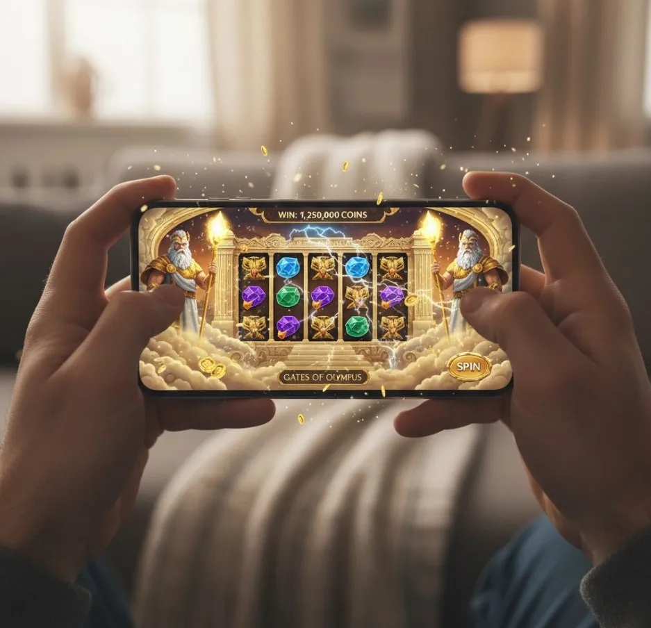 An image depicting Gates of Olympus slot game on a smartphone screen, held in hand, with a vibrant background showing Mount Olympus, symbolizing seamless mobile play.