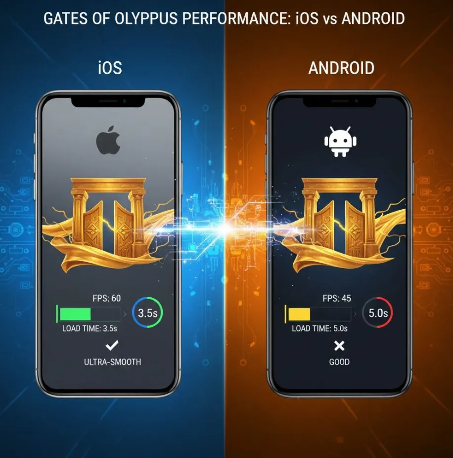 A split-screen image showing Gates of Olympus gameplay on an iOS device (iPhone/iPad) on one side and an Android device (Samsung/Pixel) on the other, highlighting the visual and performance similarities/differences.