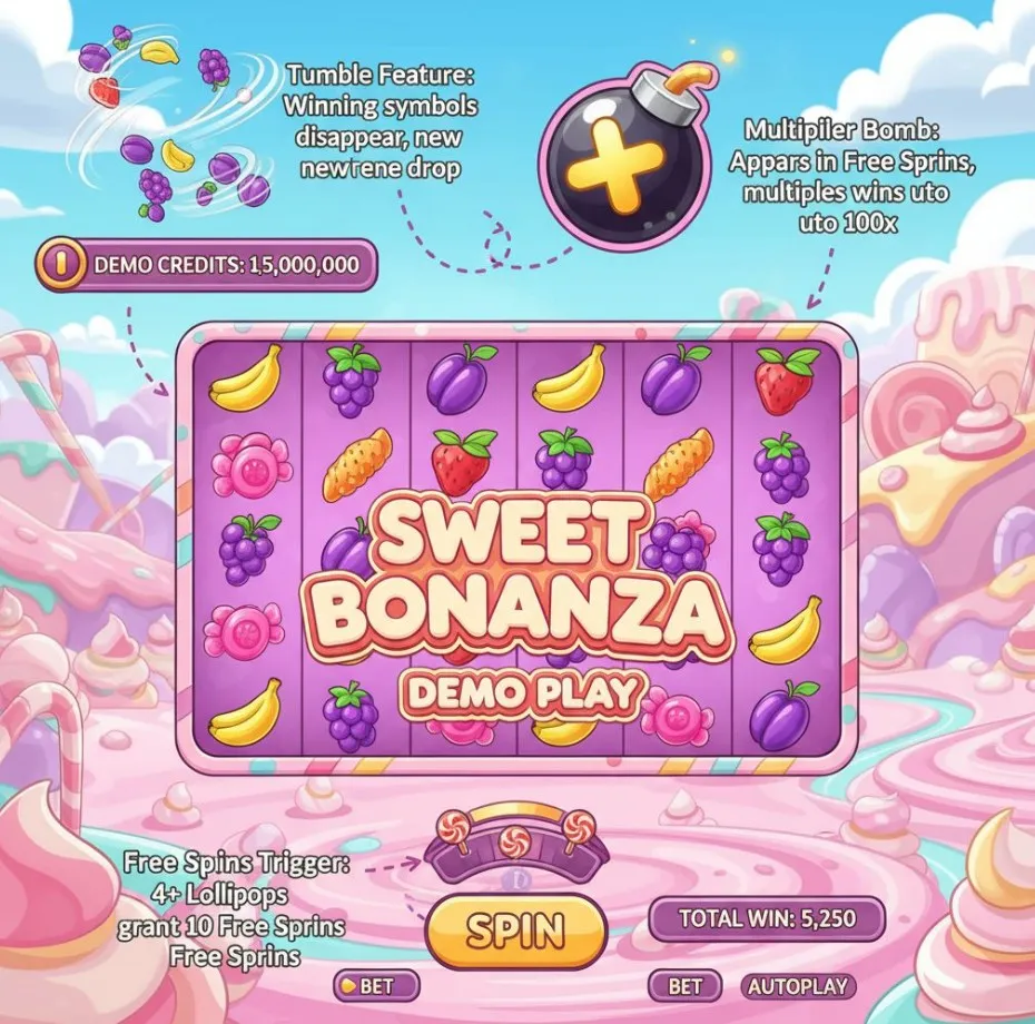 An illustrative breakdown of Sweet Bonanza's key features (Tumble, Free Spins, Multiplier Bombs) on a single screen during demo play, with labels pointing to each element for understanding.