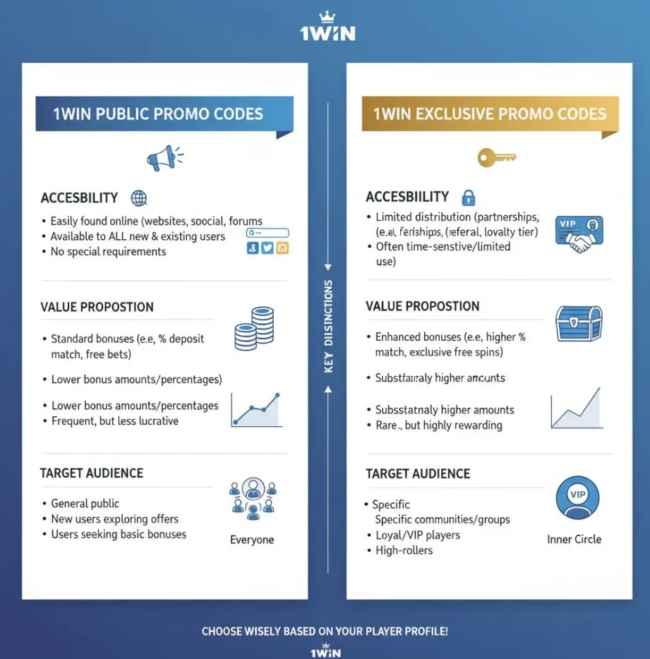 A clear visual infographic or side-by-side comparison illustrating key distinctions between 1win public and exclusive promo codes in terms of accessibility, value proposition, and their target audience.