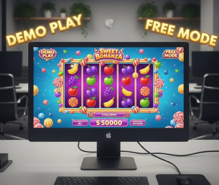 A vibrant Sweet Bonanza game screen with an overlay indicating "DEMO PLAY" or "FREE MODE," set in a training or practice environment.