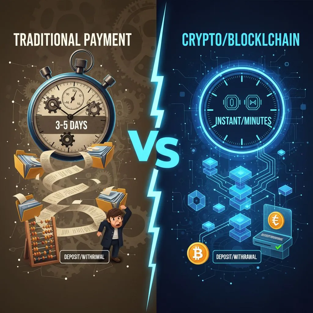 Visual comparison of transaction speeds between crypto and traditional payment methods, highlighting the efficiency of blockchain for deposits and withdrawals.
